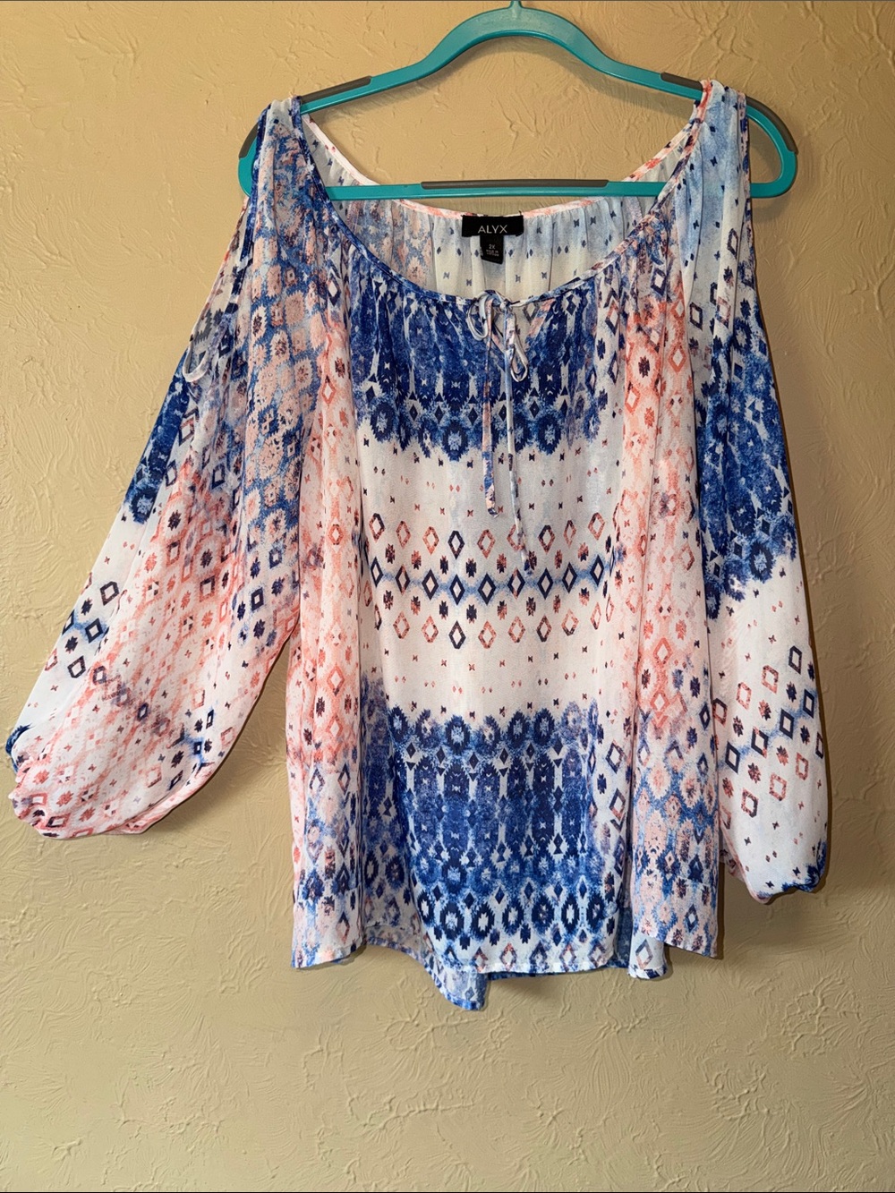 ALYX 2x sheer red white blue Cold-Shoulder Printed Blouse